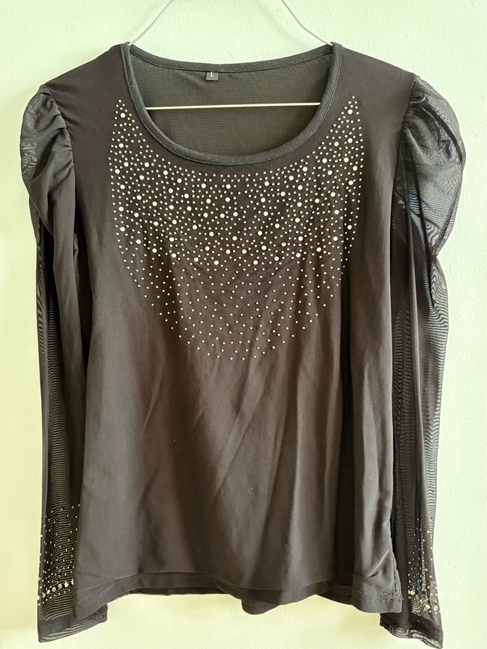 Black Embellished Mesh Sleeve Top